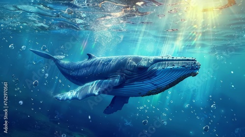 Serene underwater scene with majestic whale, sunbeams and floating bubbles, realistic digital painting