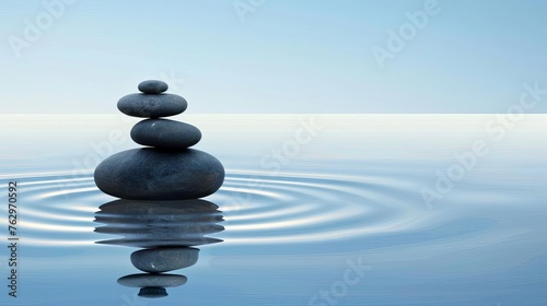 Serene Zen stones balance on tranquil water surface with ripples and reflection, minimalist vector illustration