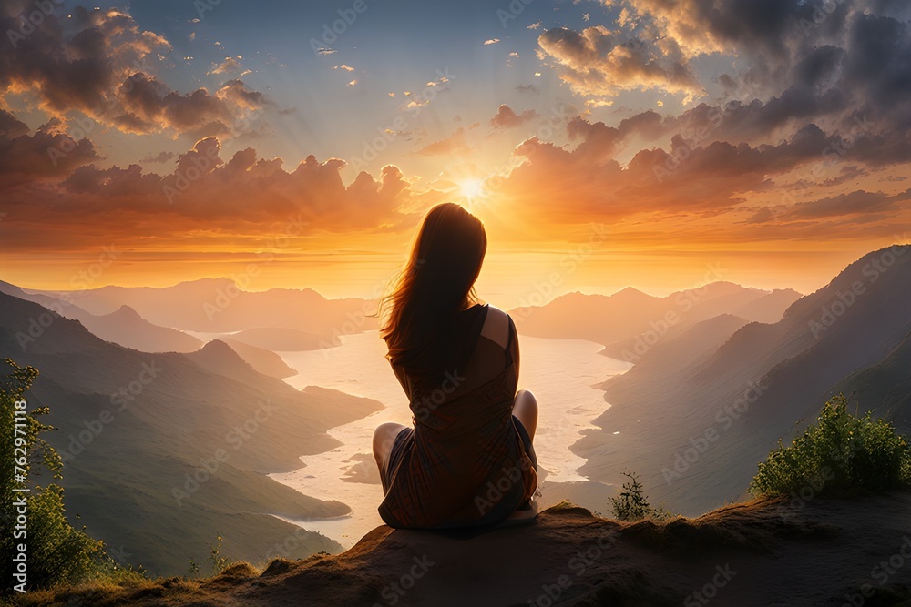 The back of a woman watching the sun The back of a woman watching the sun