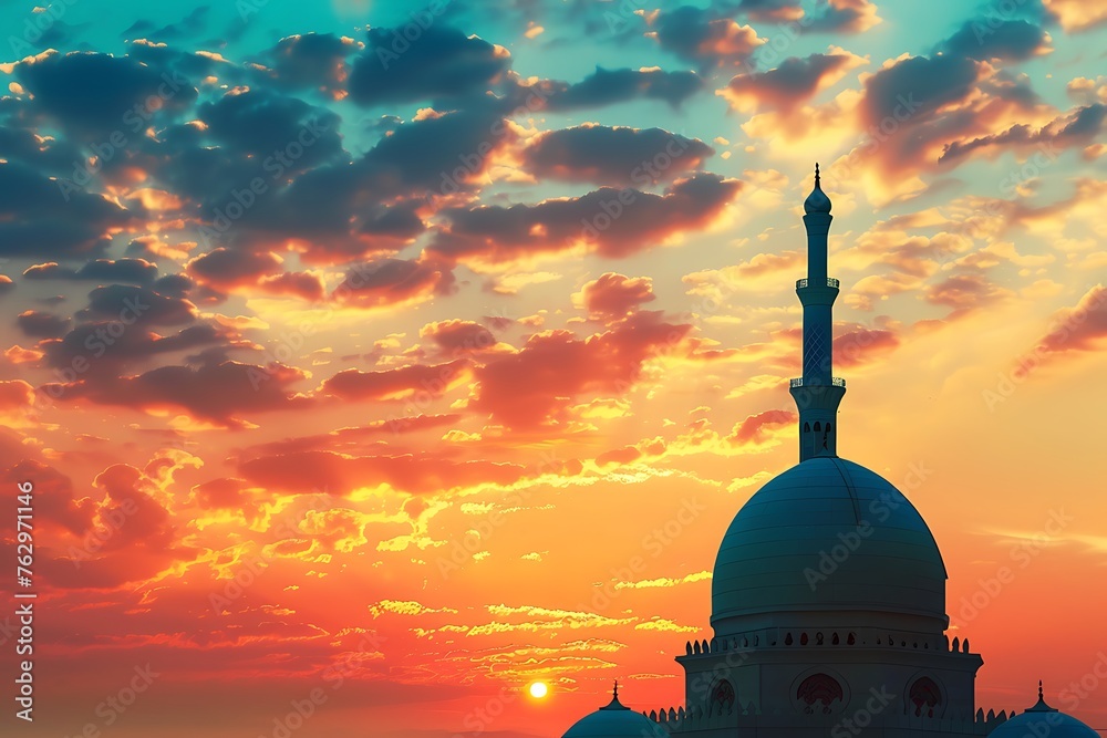 Landscape of the dawn sky of Ramadan. Muslim atmosphere background. - obrazy, fototapety, plakaty 