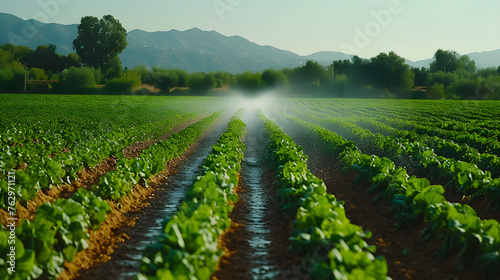 An irrigation system watering a field of crops photo