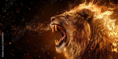 A lion is roaring with its mouth open, spewing fire photo