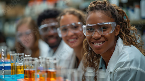 A group of people wearing lab coats and goggles are smiling at the camera