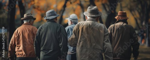 Five elderly men walking together, seen from behind with their backs. Long Friendship concept © olz