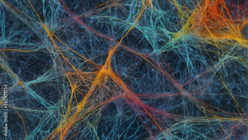 An abstract network of intertwining blue waves, dotted with colorful points and crisscrossed by lines to represent a connection structure Generative AI