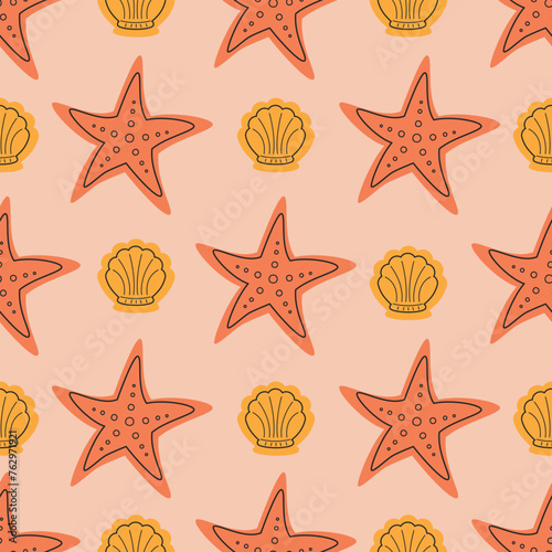 yellow-orange pattern with a starfish and a shell