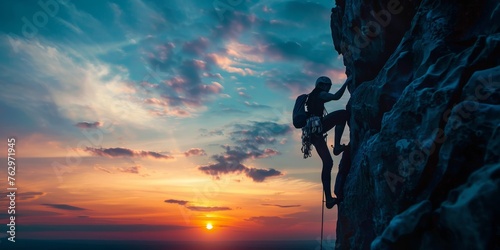 A man is climbing a rock face while the sun sets in the background