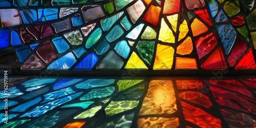 A stained glass window with many different colored pieces