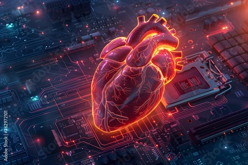 Symbiotic Fusion: Heart Integrated into Motherboard's Intricate Circuitry photo