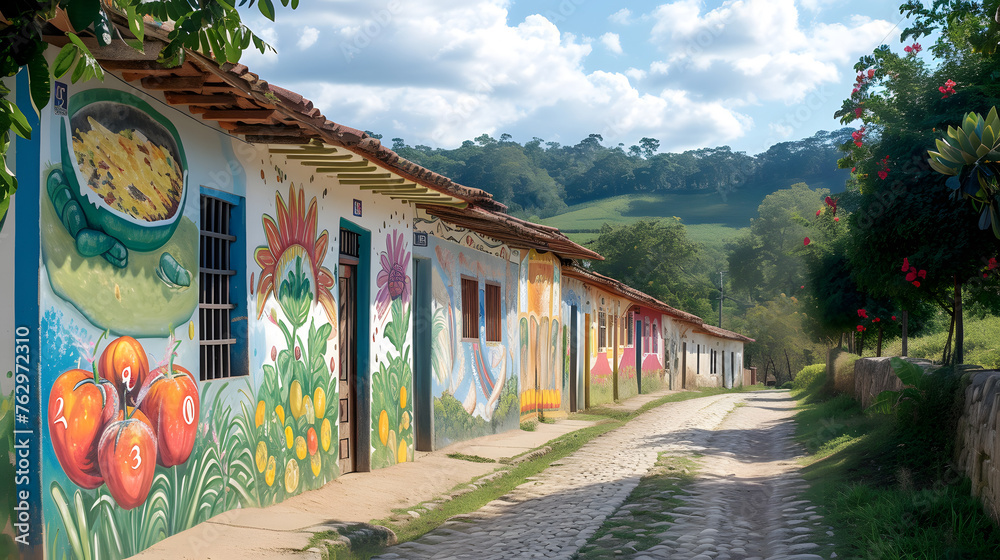 Explore small towns with vibrant murals depicting agricultural scenes on buildings - obrazy, fototapety, plakaty 