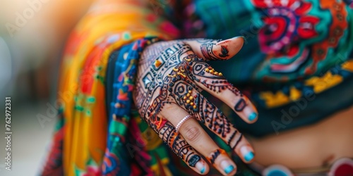 A woman with henna on her hand is wearing a blue dress