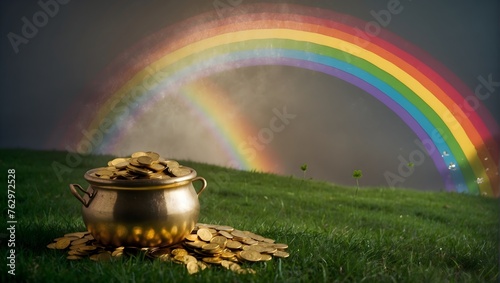 Celebrating Saint Patrick's Day with a magical rainbow that ends at a treasure-filled leprechaun's pot of gold Generative AI