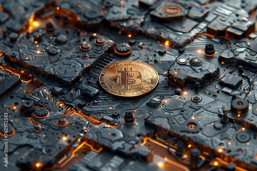 Golden Bitcoin Integrated into a Futuristic Motherboard: The Fusion of Cryptocurrency and Advanced Technology photo