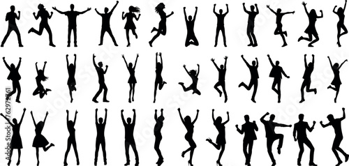 celebration Silhouette, energetic dance poses, people celebrating on white background, perfect for party flyers, banners, event promotions, diverse gestures, dynamic movements