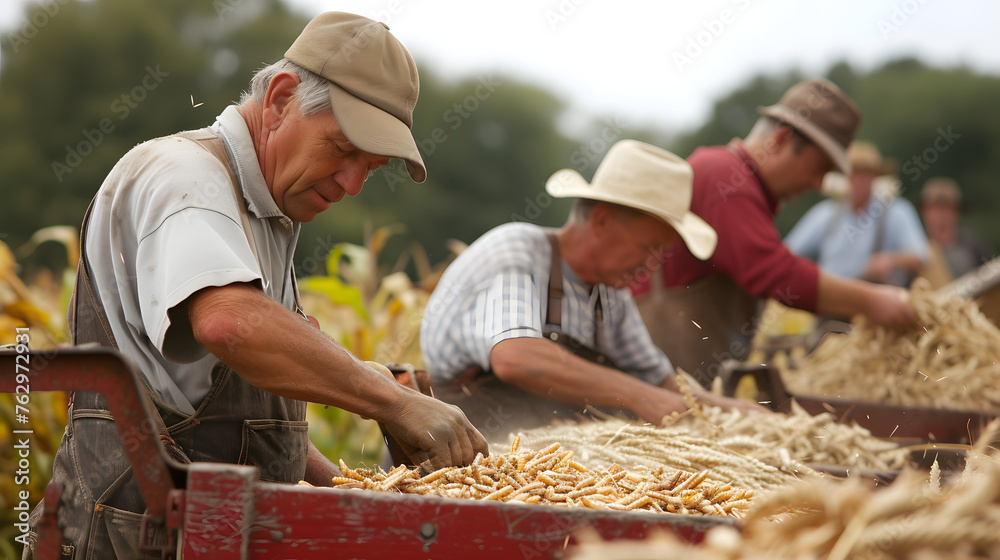 Show farmers working together during communal activities such as barn raisings or shared harvests Show farmers working together during communal activities such as barn raisings or shared harvests