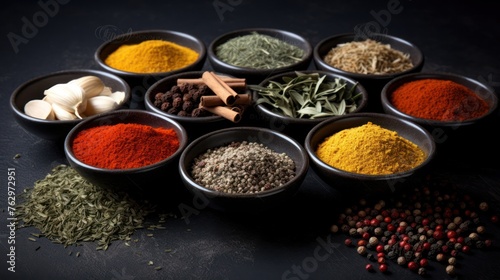 Aromatic Essence - Variety of spices and herbs beautifully arranged photo