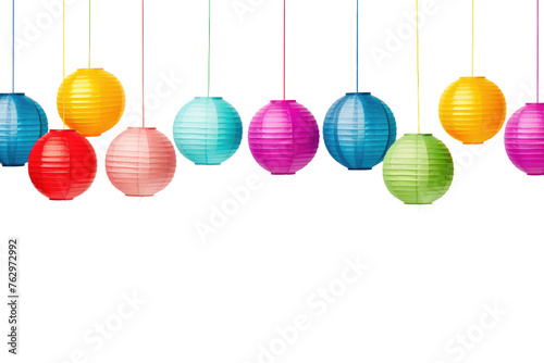 Group of Paper Lanterns Hanging From Strings. On a White or Clear Surface PNG Transparent Background..