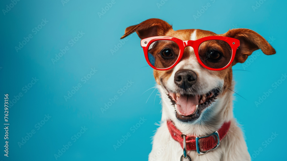 Cheerful dog with a big smile wearing stylish red sunglasses on a bright blue background.