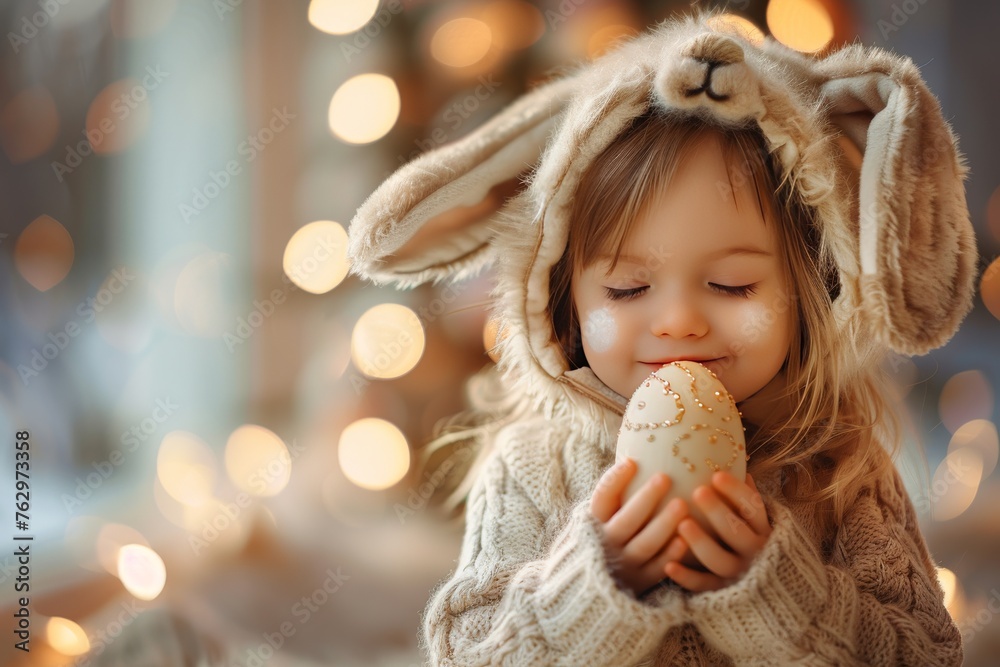 A child wearing a bunny suit, eagerly searching for Easter eggs. A child wearing a bunny suit, eagerly searching for Easter eggs.