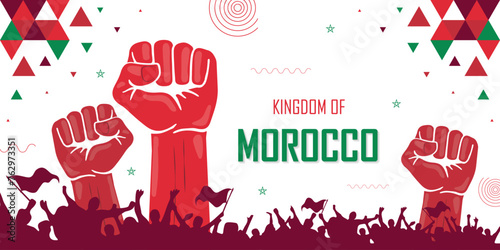 People cheer for Morocco, national flag color combination patriot banner, geometric abstract background, raised fist, human hand, national celebration, strike, parade, riot, protest or rally