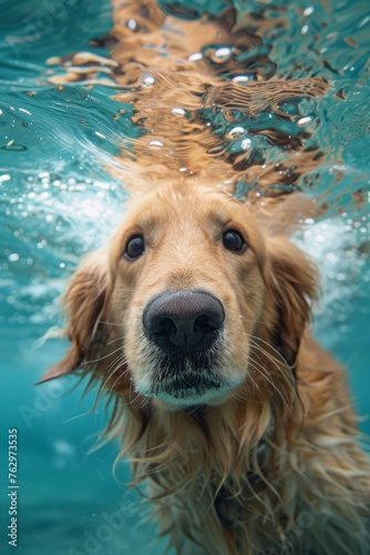 Golden Retriever swimming pool dog underwater. close up of a brown dog is diving and playing in the water happily.