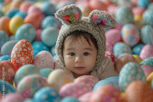 A child wearing a bunny suit, eagerly searching for Easter eggs.