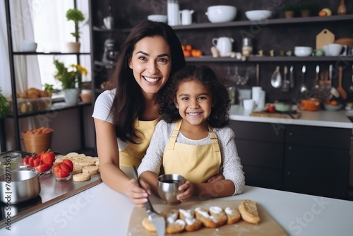 Indian mother cooking with little girl in the kitchen photo