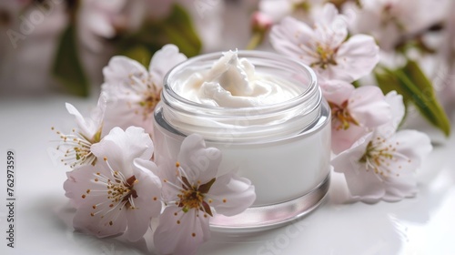 whitening and moisturizing Face cream in an open glass jar and flowers on white background. Set for spa  skin care and body products and solutions for skin problems such as scars  acne  wrinkles.