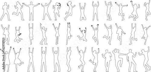 celebration Line art, joyous people dancing. Minimalistic design, ideal for event promotions, invitations, decor. Expressing happiness through various poses.