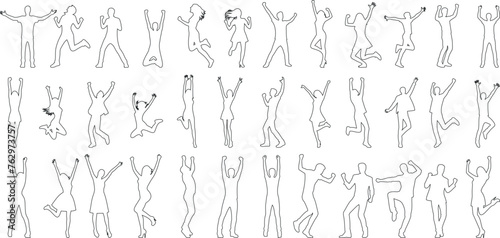 celebration Line art, joyous people dancing. Minimalistic design, ideal for event promotions, invitations, decor. Expressing happiness through various poses.
