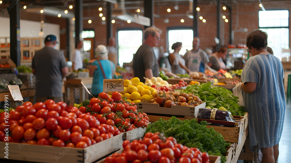 bustling farmers market filled with colorful produce and enthusiastic customers