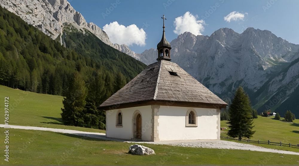 old chapel at the karwendel mountains in austria eng alm. with copy space image. Place for adding text or design. generative.ai