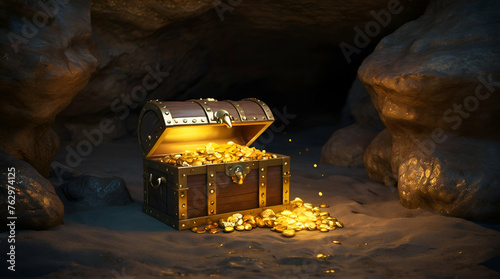 Old Open chest with pirate treasures in cave, golden glow, sunset light. Generation.AI