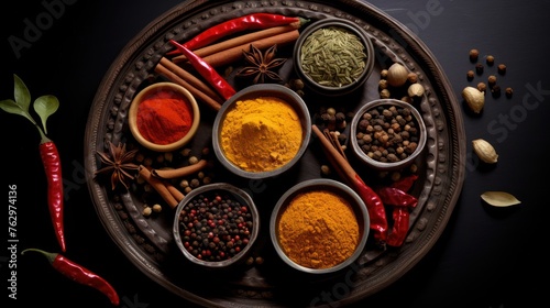 Spice Ensemble Elegance - Assorted spices and herbs presented in an elegant arrangement