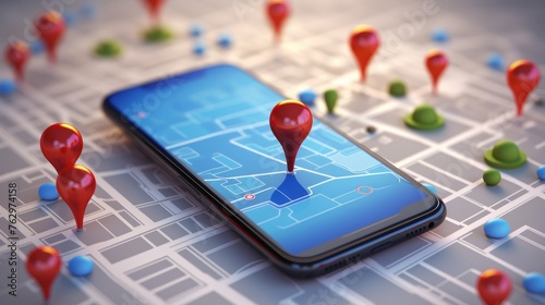 Smartphone with map, 3D Map pins, GPS, navigator pin checking points, 3D World Map icon, technology and application mobile smart phone with mobile, delivery tracking, transportation, generate by AI.