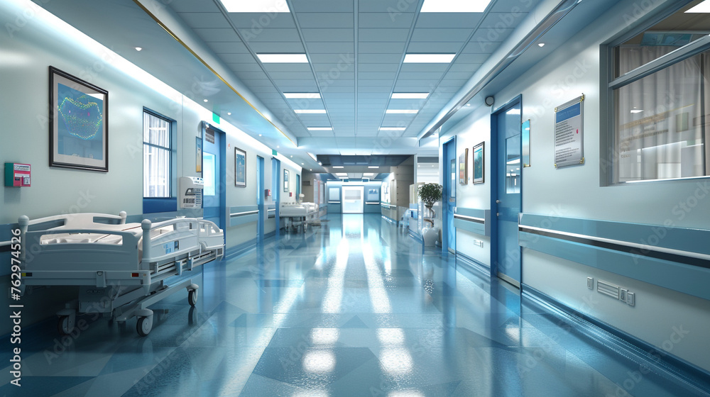 Fototapeta premium A sterile hospital room equipped with medical beds, monitors, and IV stands, ready to provide comfort and care to patients in need. 