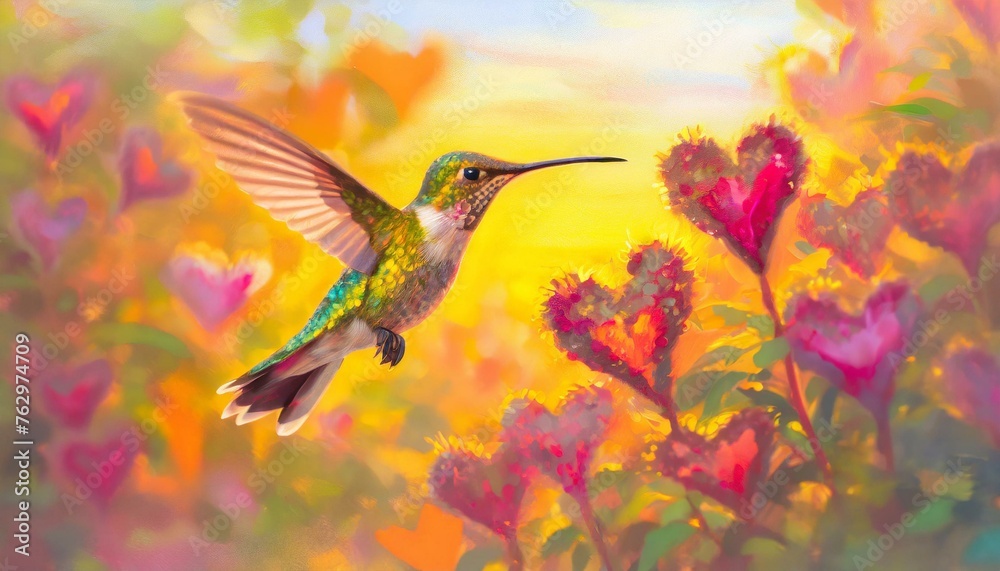 Twilight Whispers: Hummingbird Dance Among Heart-shaped Blooms