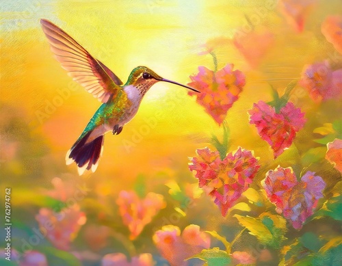 Twilight Whispers  Hummingbird Dance Among Heart-shaped Blooms 