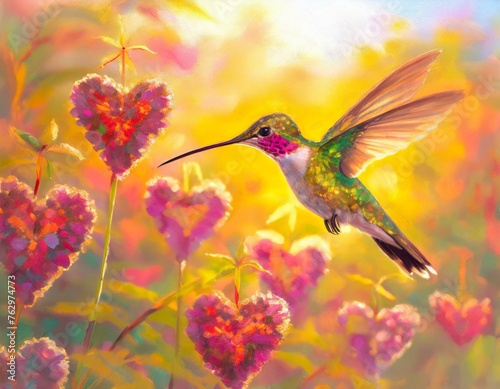 Twilight Whispers: Hummingbird Dance Among Heart-shaped Blooms