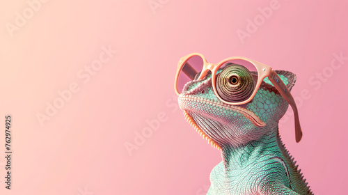 Chameleon wearing sunglasses on pink background