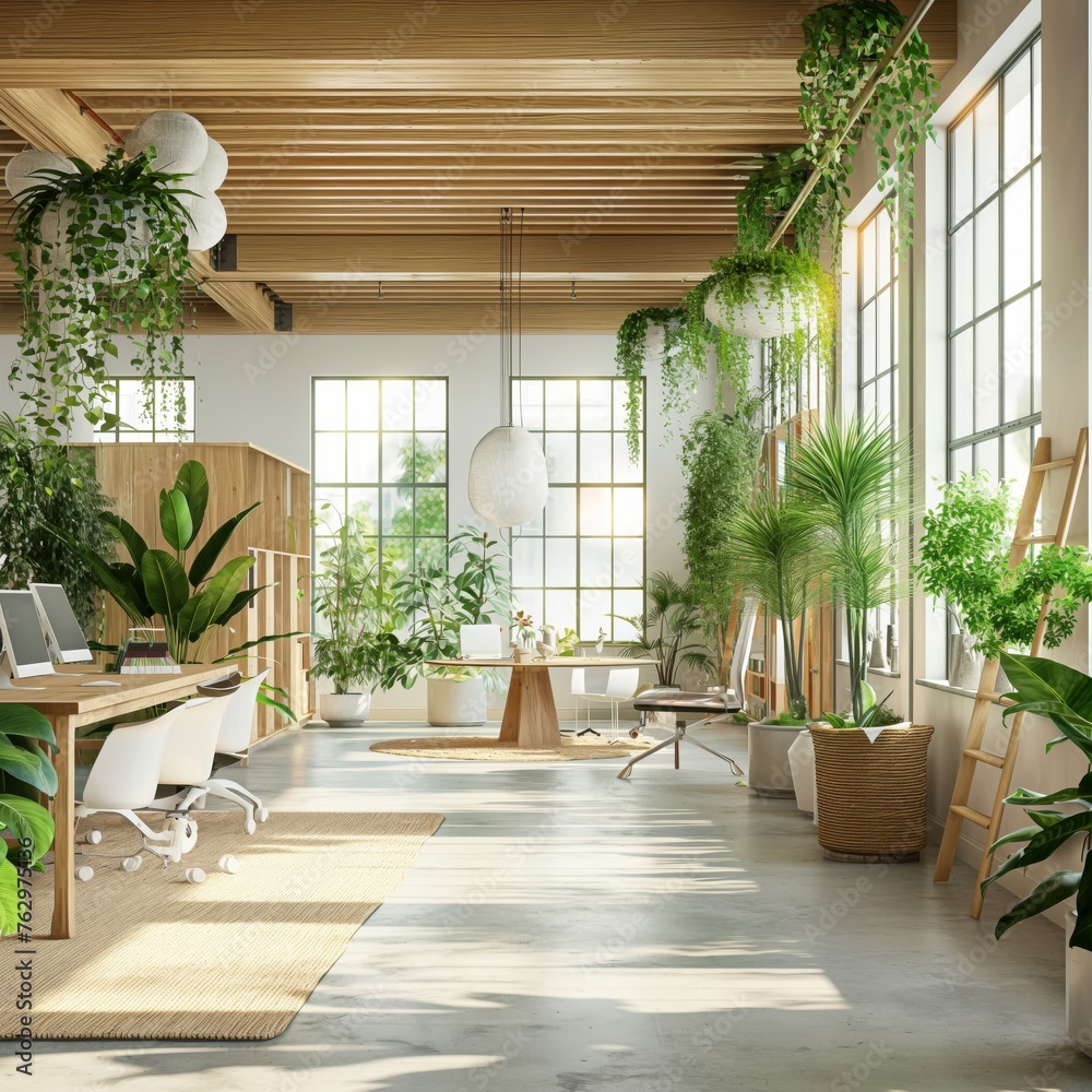 Bright office with natural light and plants. A sunlit workspace designed to encourage creativity and focus, surrounded by lively plants