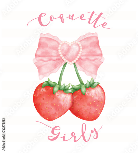 Coquette Strawberries with pink ribbon bow vicotira, aesthetic watercolor hand drawing
