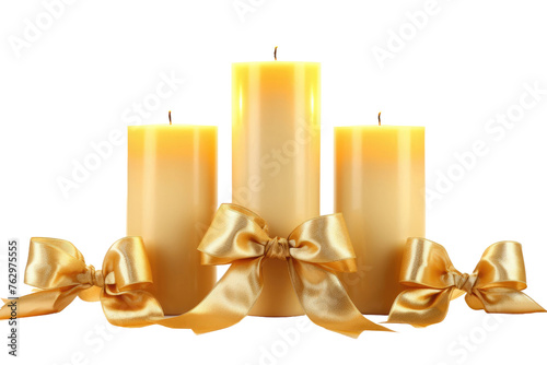 Group of Three Candles With Bows. On a White or Clear Surface PNG Transparent Background..