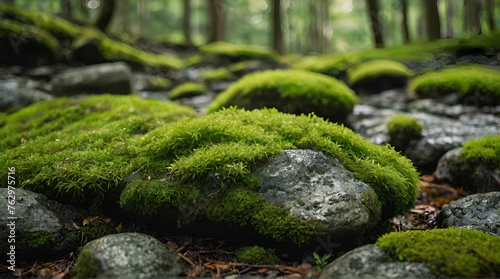 Green moss on rocks in fertile nature background forest. generative.ai © ARSHAD