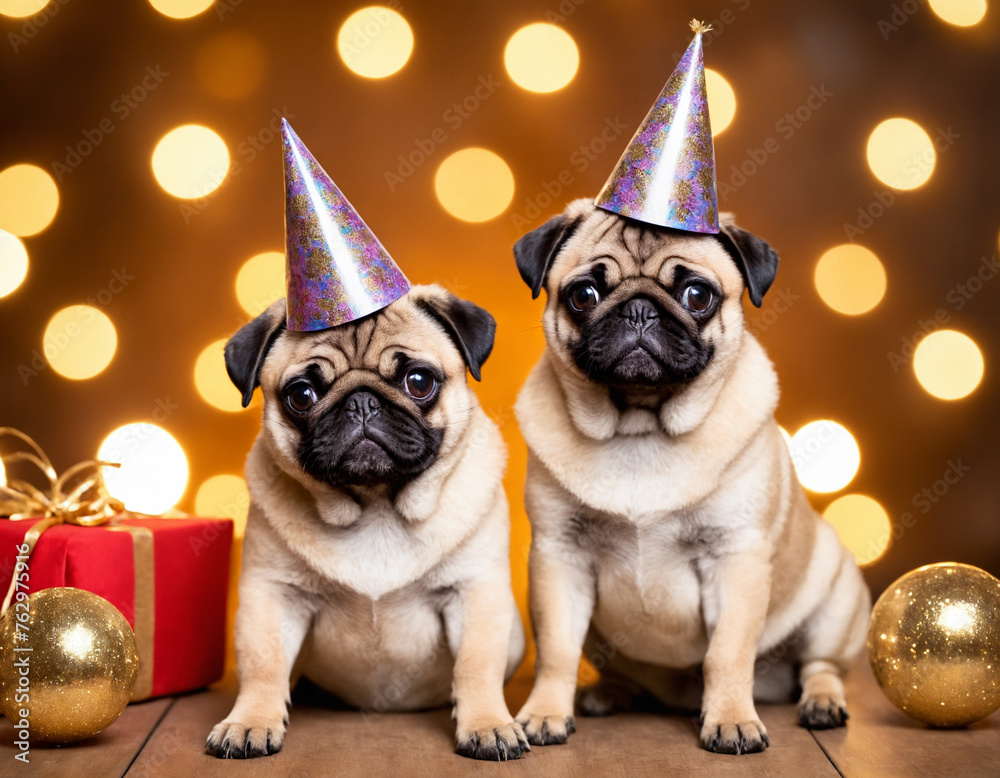 Cute little pug puppies celebrating their birthday in party hats. Confetti with lights.
