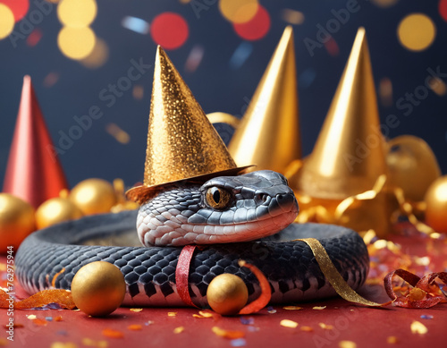 Cute snake in a cap celebrating a birthday on a bright background. Candy with lights.