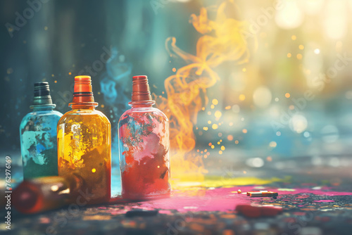 Colored glass bottles filled with hot imagination Reflecting the spirit of art