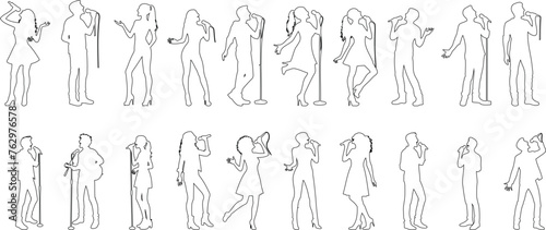  people singing Line art, joyous music performance, minimalistic man, woman, singing song vector design
