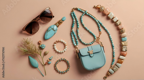 Flat lay with fashion accesories, woman bag, bracelet, sunglasses and pebbles isolated on pastel background. generative.ai