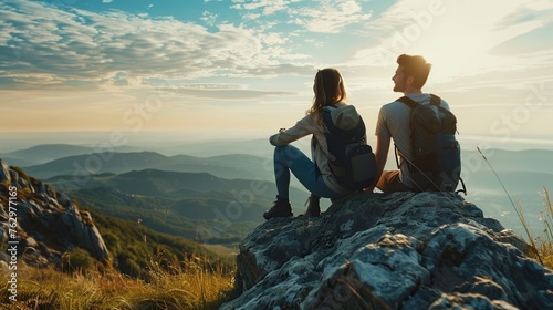 man and woman couple enjoying nature at the top of the mountain